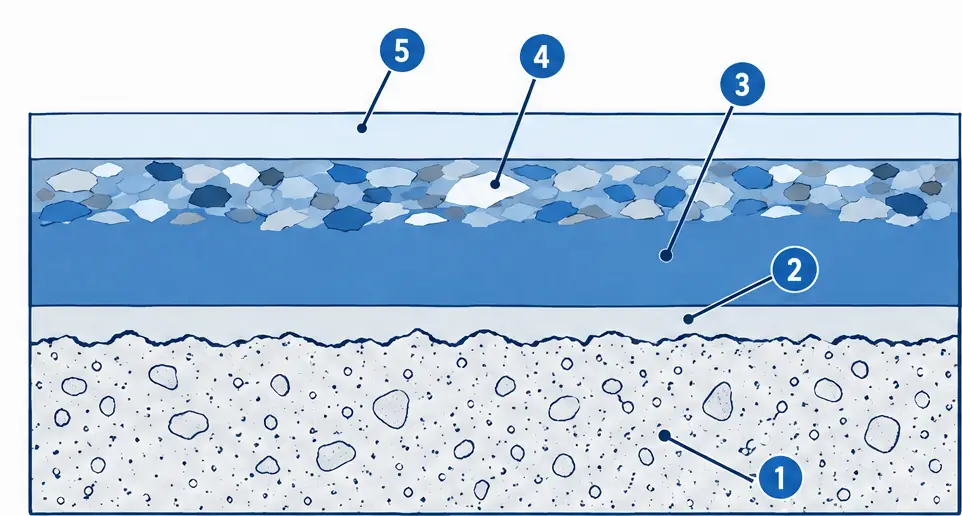 Diagram: cross-section of a flake epoxy garage floor, from the ground slab up through primer, base coat with broadcast flakes and a clear topcoat