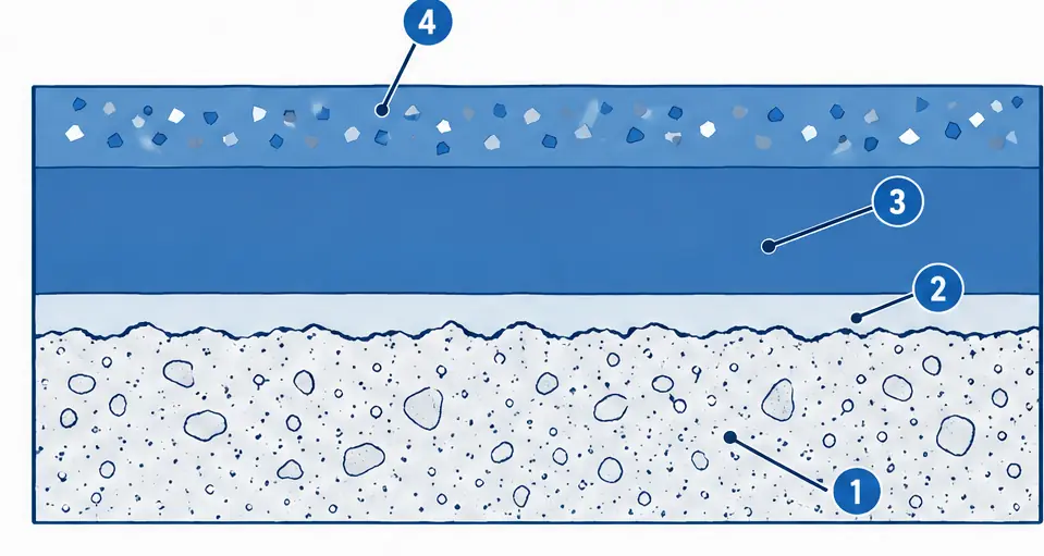 Diagram: cross-section of a solid-color epoxy floor with a primer, a pigmented epoxy coat and a grit-textured clear coat on a ground slab